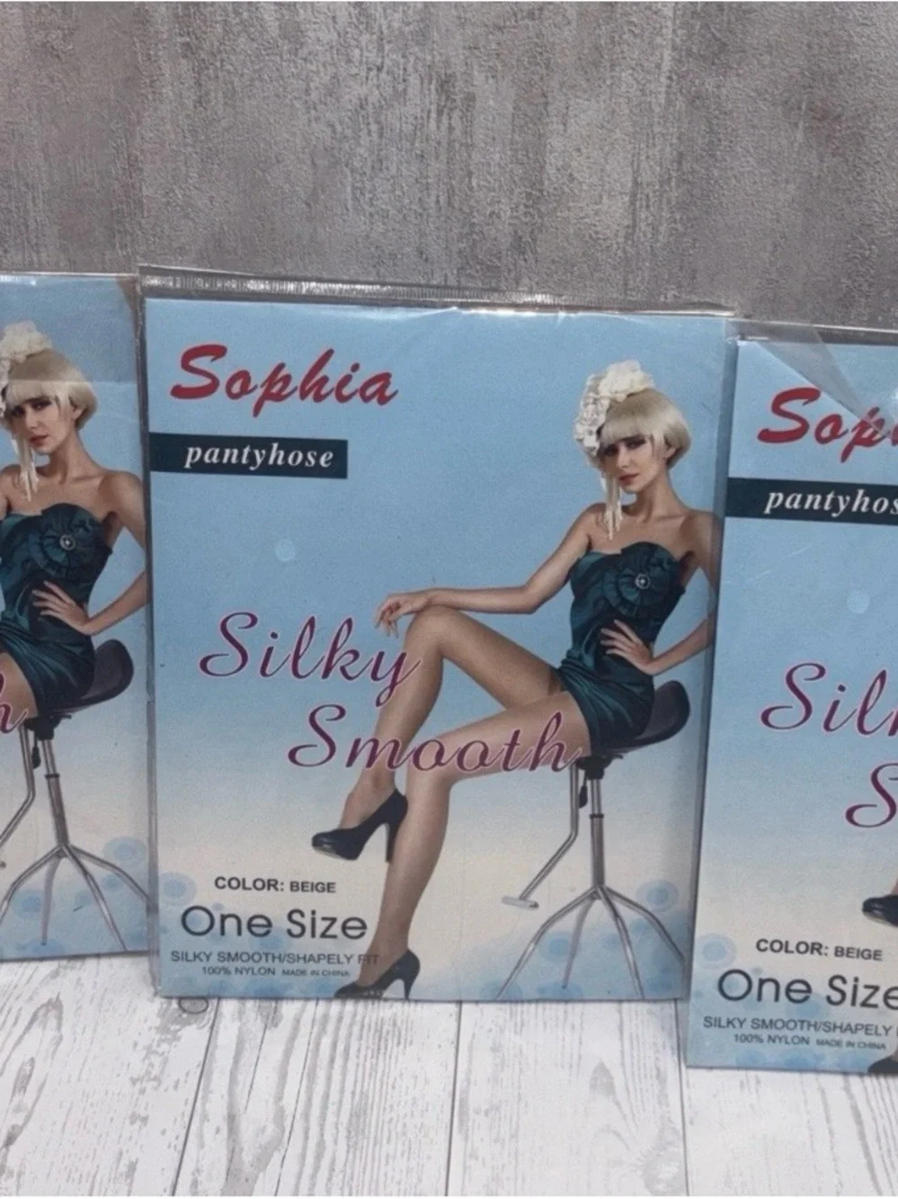 Set of THREE Vintage Sophia Super Sheer Pantyhose Stocking BEIGE 90-165lb NEW